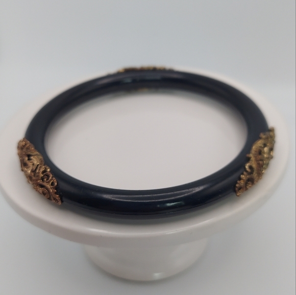 Vintage Black Acrylic Bangle Bracelet with Gold Decorations. - Picture 5 of 9